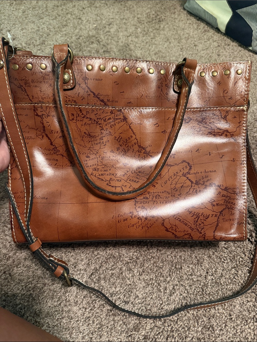 Patricia Nash Cognac Map-Print Leather Shoulder Bag
